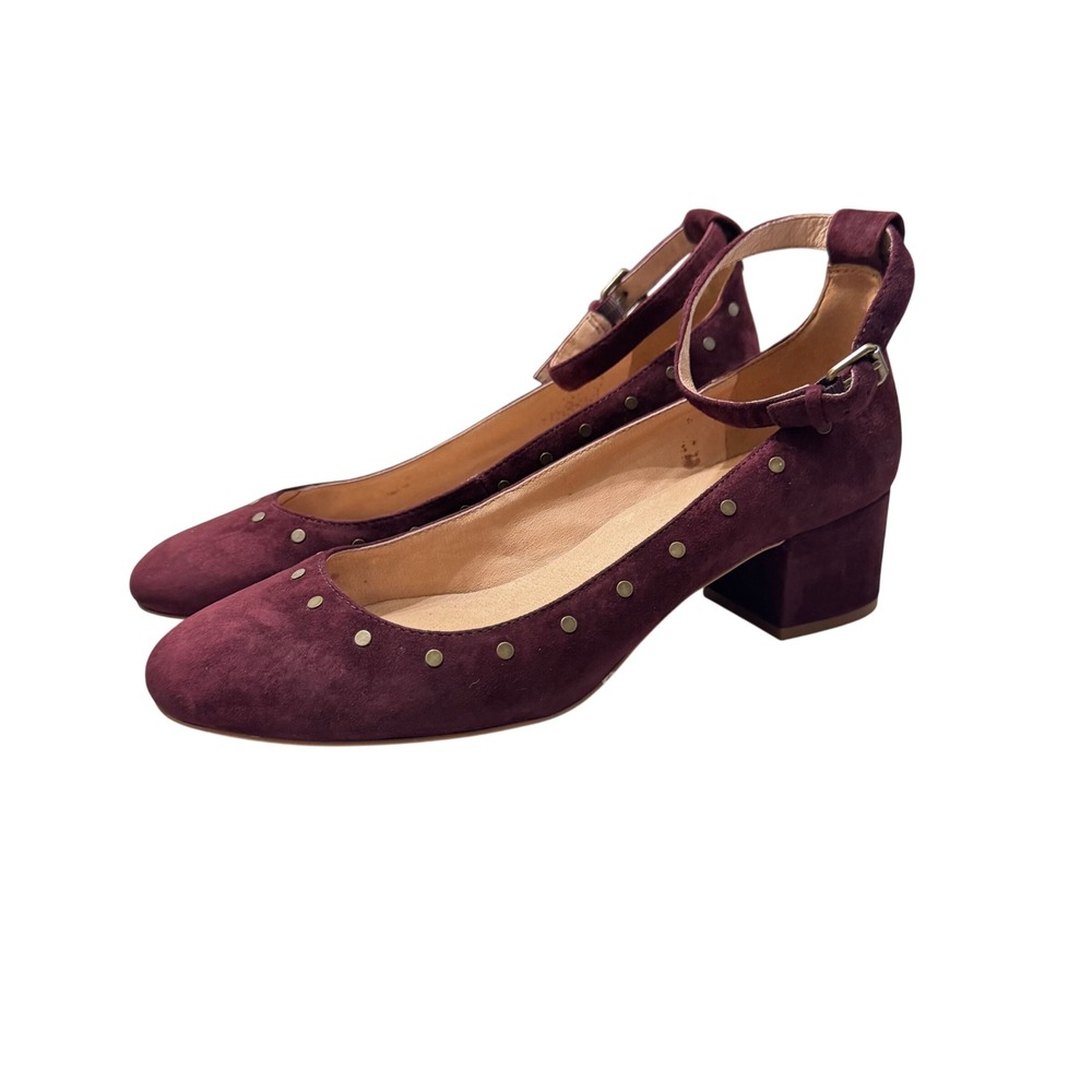 Madewell Inez Stud Ankle Strap Pumps Womens 9.5 Burgundy Suede Excellent Studded - Picture 2 of 11